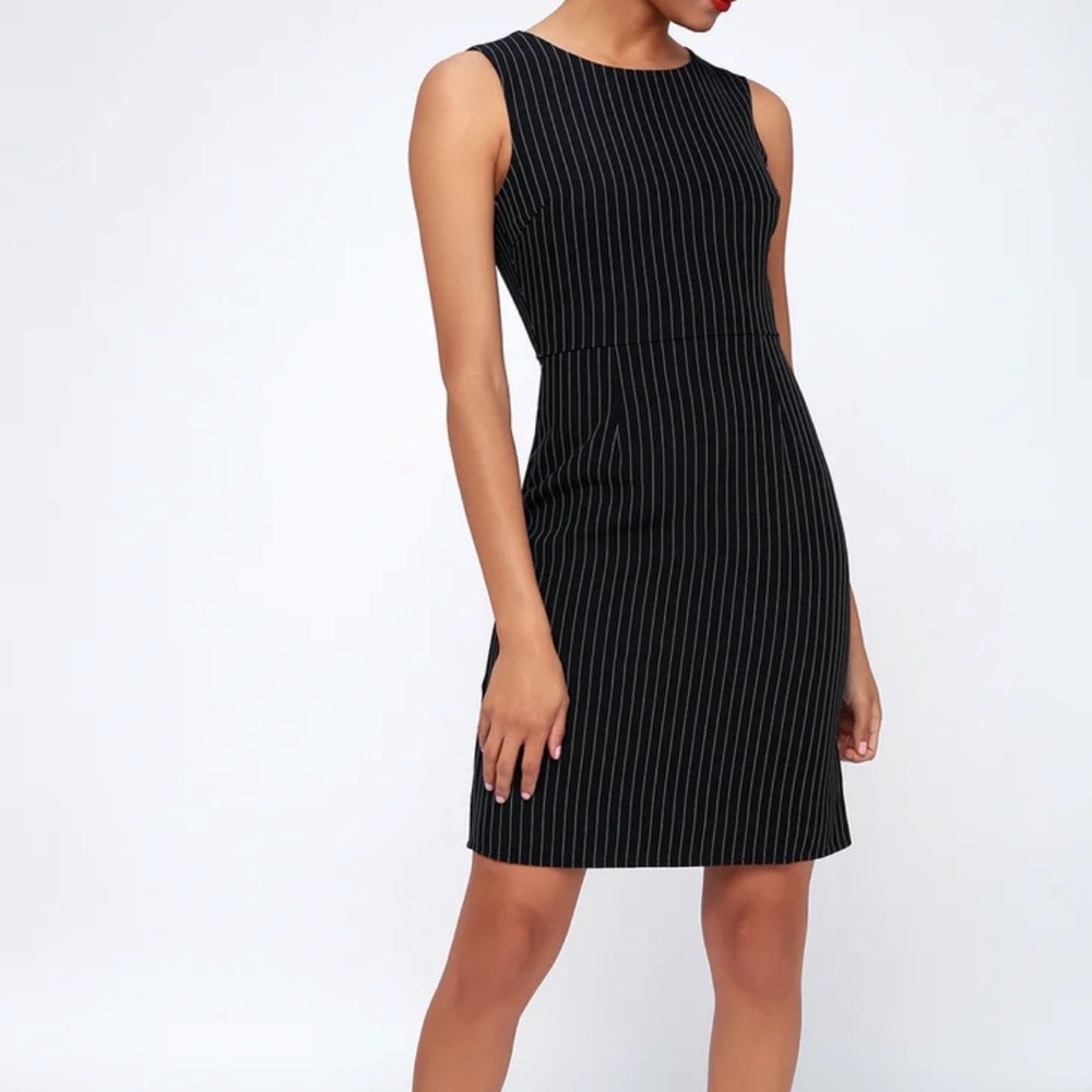 Black pinstripe sleeveless sheath dress